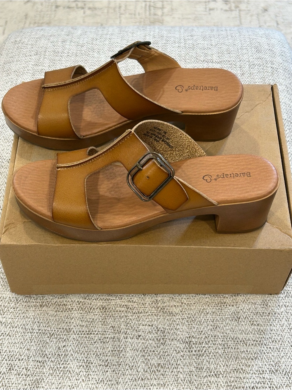 Never Worn! BareTraps Cognac Leather Buckle Slide Sandal